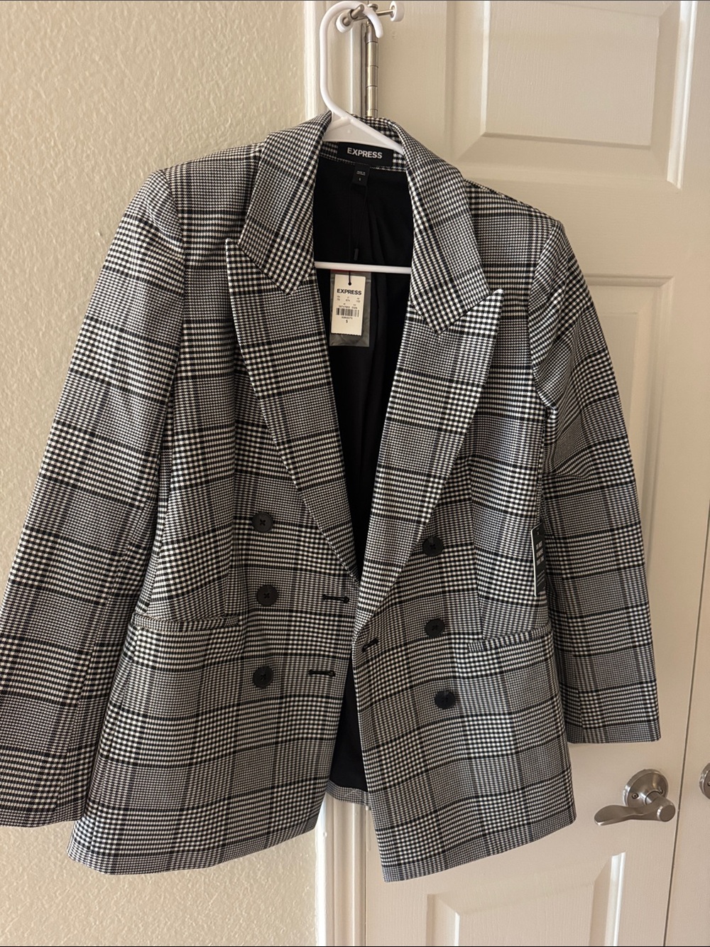 Express Black and Gray Plaid Double-Breasted Blazer